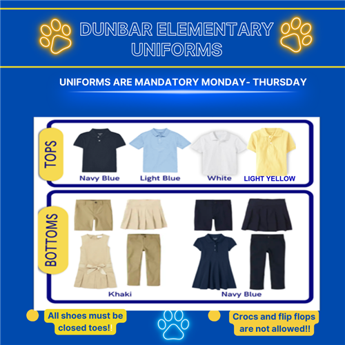 Uniforms are mandatory Monday through Thursday khaki or Navy Blue bottoms Navy blue, Light blue, white,  light yellow shirts